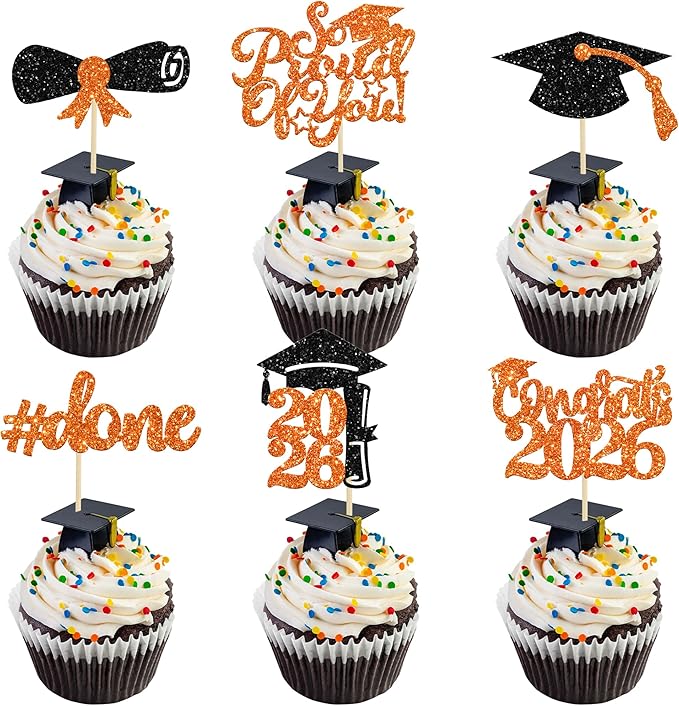 Gyufise 24Pcs 2026 Graduation Cupcake Toppers Orange Glitter Congrats Class of 2026 Done Diploma Grad Cap Cupcake Picks So Proud of you Cake Decoratiosn for 2026 Graduation Theme Party Supplies