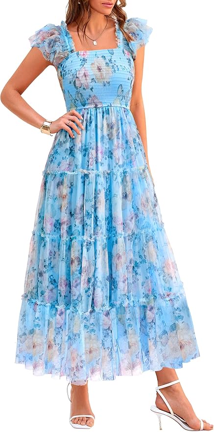 PRETTYGARDEN Women's Summer Tulle Midi Dress Sleeveless Smocked Ruffle Flowy Mesh Dresses Party Wedding Guest Sundress
