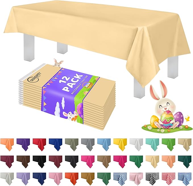 Grandipity 12 Pack Premium Disposable Plastic Tablecloth 54 Inch. x 108 Inch. Decorative Rectangle Table Cover - Ivory