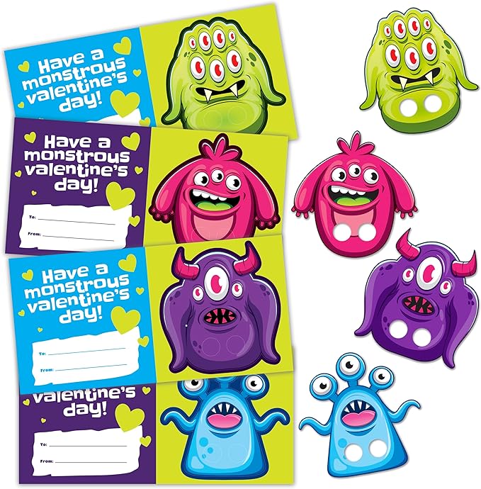 Kangaroo 28 Pack Monster Finger Puppets Valentines Day Cards with Envelopes Bulk - Funny Valentines Crafts Activities for Kids Classroom - Valentines Day Cards for Kids School Party Favors Goodie Bags Gift Ideas for Class