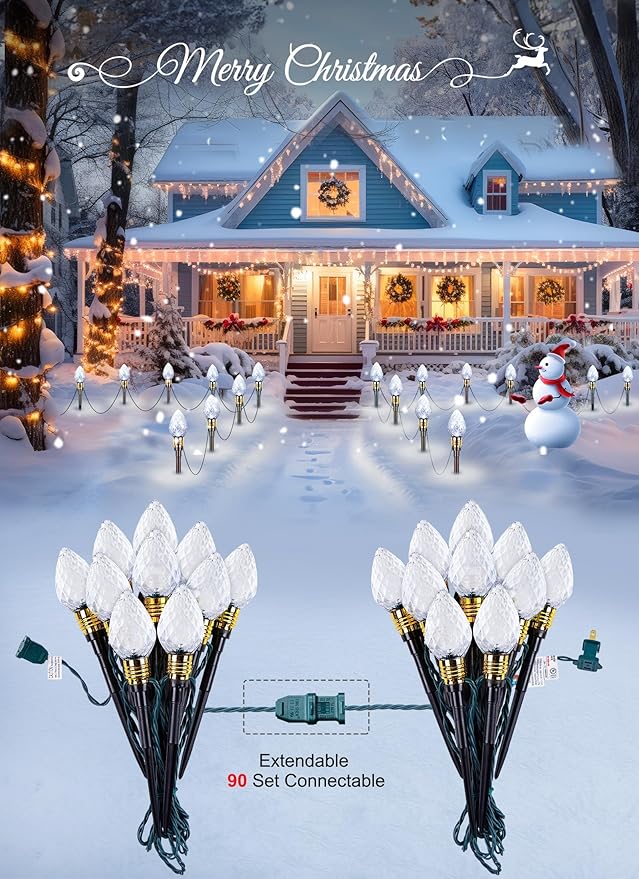 Brightown 2 Pack Strawberry C9 Christmas Pathway Lights Outdoor - Total 34.8 Feet 20 LED Christmas Walkway Light, Christma Light Outdoor Decorations for Yard Lawn Holiday Outside, Pure White