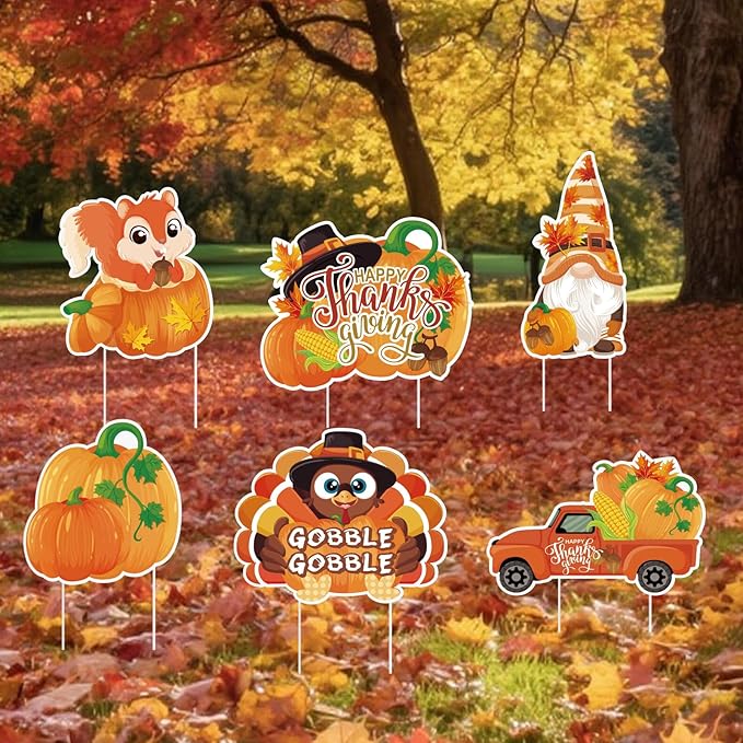 Thanksgiving Yard Signs with Stakes, 6-Pack Thanksgiving Decorations Outdoor Turkey Yard Signs, Fall Outdoor Decorations, Squirrel, Turkey, Gnome, Pumpkin, bumper harvest Car, Lawn Signs for Outside