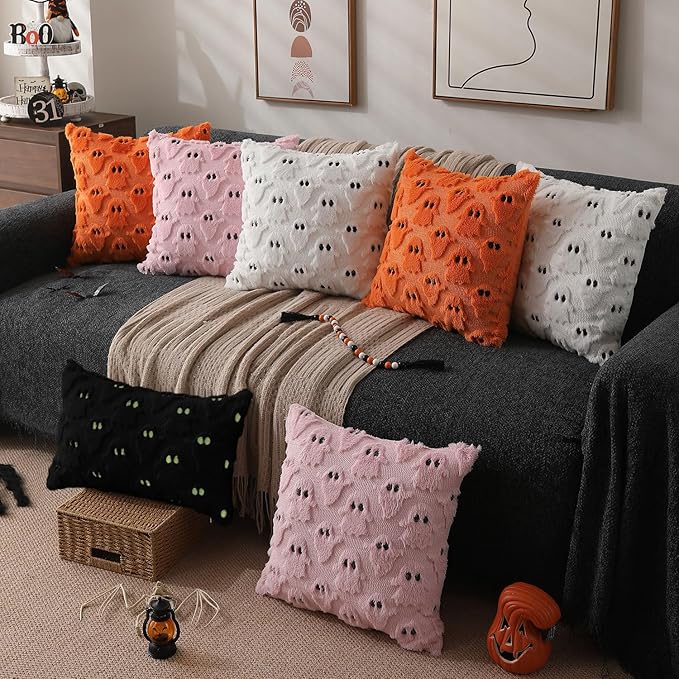 DFXSZ Halloween Pillow Covers 12x20 inch Set of 2 Black Ghost Throw Pillow Cases Soft Plush Faux Fur Wool Couch Cushion Case for Chair Sofa Bedroom Living Room Home Decor PTK03F12