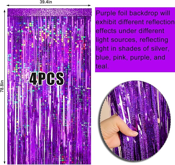 4 Packs Purple Foil Fringe Curtain, Purple Glitter Metallic Tinsel Backdrop for Birthday, Wedding, Baby Shower, Princess Bachelorette Christmas New Year Party Decorations Supplies