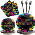 chiazllta 96 Pcs Neon Party Paper Plate and Napkins Neon Birthday Party Decorations Glow in the Dark Birthday Paper Supplies Disposable Glow Tableware for Party Favors 24 Guests