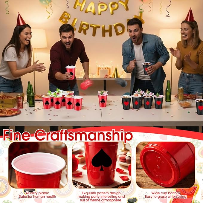 32 Pcs Party Game Supplies 16oz Red Black Plastic Cups with 8 Balls, Cups Set for Toss Games Supplies Birthday Game Night Decoration