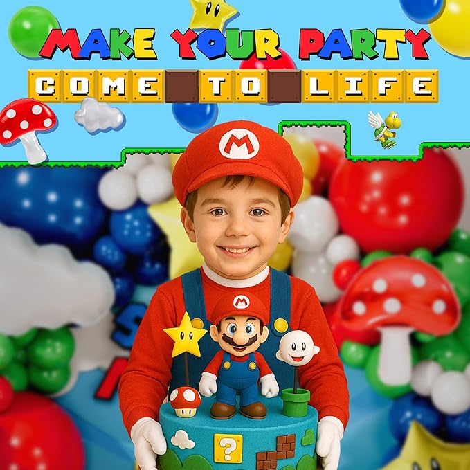 ALL-IN-1 Super Adventure Balloon Arch Kit with BONUS Mushroom, Cloud & Star Balloons for Bros Party Decorations - Red Blue Green Yellow Balloons for Video Game Birthday Decoration & Party Supplies