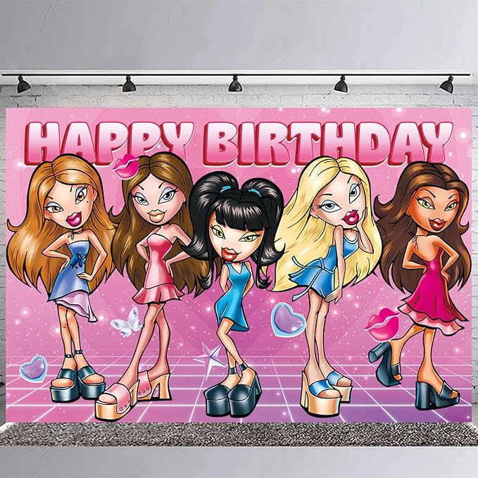 Girl Birthday Party Supplies Backdrop 5x3Cartoon Delicacy Girl Happy Birthday Background Photography Hot Pink Party Decorations Banner Photo Booth Props