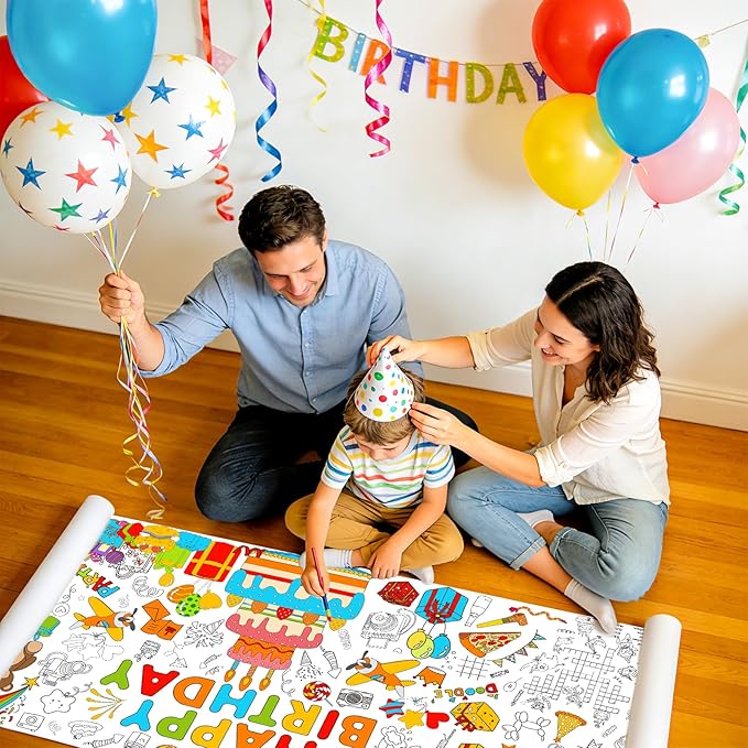 AinDen Birthday Coloring Tablecloth for Kids, Giant 72 x 30 Inch Coloring Poster, Happy Birthday Party Decorations Table Cloth for Crafts Games & Activities, School Classroom & Home