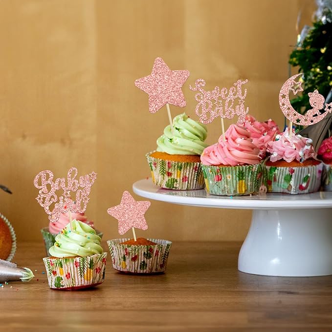 Gyufise 24Pcs Rose Gold Baby Girl Cupcake Toppers Glitter Star Moon Baby Shower Gender Reveal Cupcake Picks Baby Shower Kids Girls Birthday Party Cake Decorations Supplies