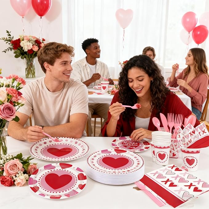 Valentines Day Paper Plate Tableware Set - 177 pcs Heart and Love Disposable Dinnerware with 2 Tablecloth - Red Paper Plates Napkins Cups for Valentines Day Kids School Office Party Supply
