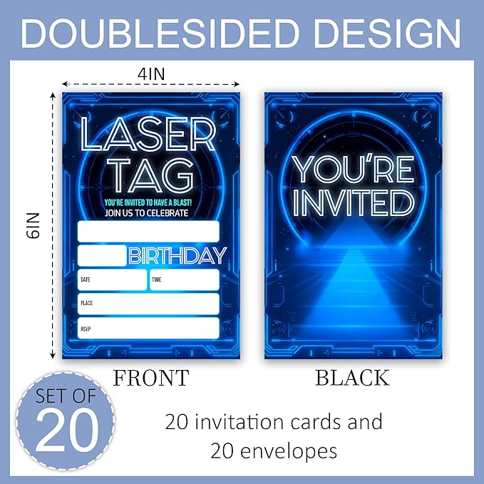 Laser Tag Birthday Party Invitations, Glow Neon Theme Invite Cards, 20 Count with Envelopes for Boys Girls Teen, 4 x 6 Double Sided Printed Fill In Blank Party Supplies- Blue