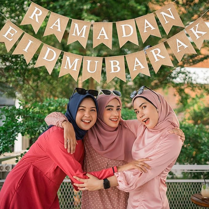 Ramadan Eid Mubarak Burlap Banner Muslim Fireplace Mantel Decoration Pre-Strung Ramadan Bunting for Wall Porch Party Indoor Outdoor Decor