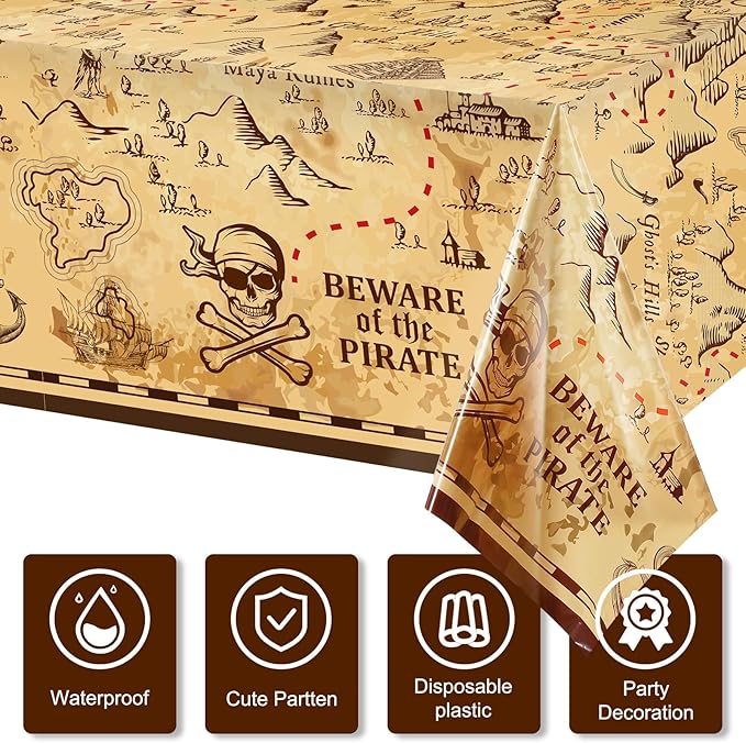 Irenare 12 Pieces Pirate Tablecloth for Party Decor - 54 x 108 Inches Pirate Treasure Map Tablecover Plastic Island Treasure Table Covers Navigation Supplies for Birthday Party Decoration