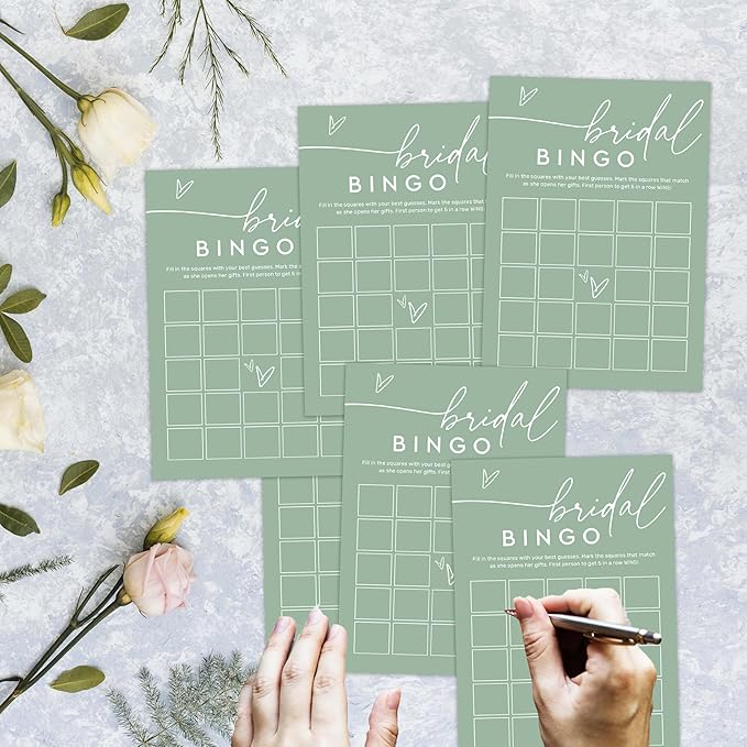 Bridal Bingo Game Cards, Sea Green Bridal Shower Games, 30 Elegant Wedding Game for Bachelorette Engagement Party Reception Supplies - A15