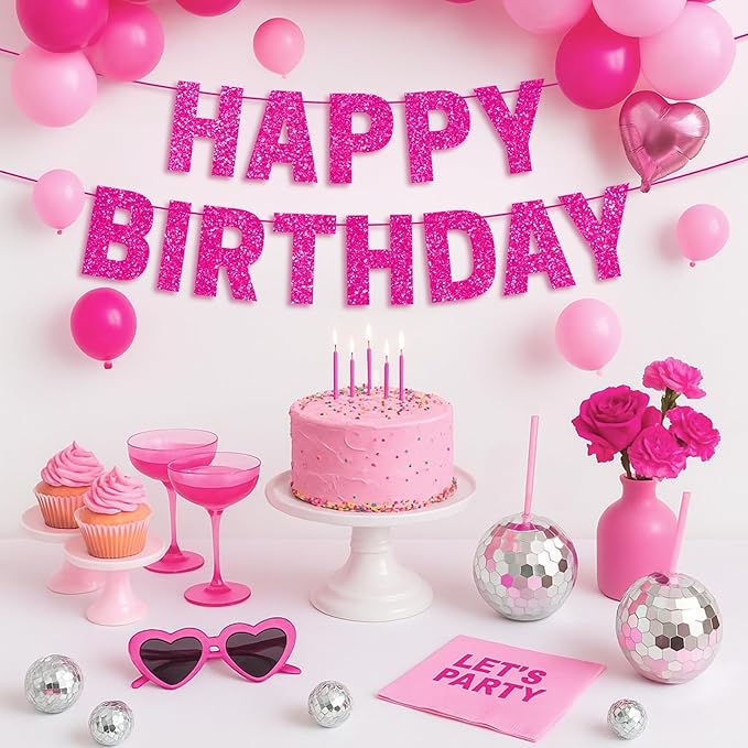 Pre-strung Happy Birthday Banner - No DIY - Hot Pink Glitter Happy Birthday Party Banner for Girls & Women - Pre-strung on 8 ft Strands - Hot Pink Bday Party Decorations & Decor. Did We Mention No DIY