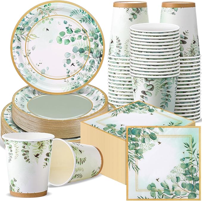 Pickmesh 250 Pcs Sage Party Disposable Tableware Set Paper Plates and Napkins Cups Supplies Tea Party Theme Dinner Dinnerware for Birthday Bridal Baby Shower Wedding Decoration Serves 50