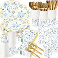 Pickmesh 194 Pcs Blue Floral Party Supplies for 24 Guests, Spring Floral Paper Plates and Napkins Cups Tablecloth Cutlery for Women Birthday Tea Bridal Shower Garden Party Supplies