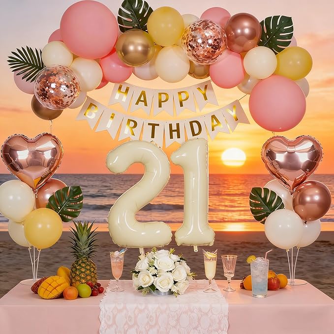 21st Birthday Decorations for Girl, Finally 21 Party Supplies, Retro Sand White and Cream Balloon Garland Kit, Cream Number 21 Balloon, Pink Happy Birthday Banner