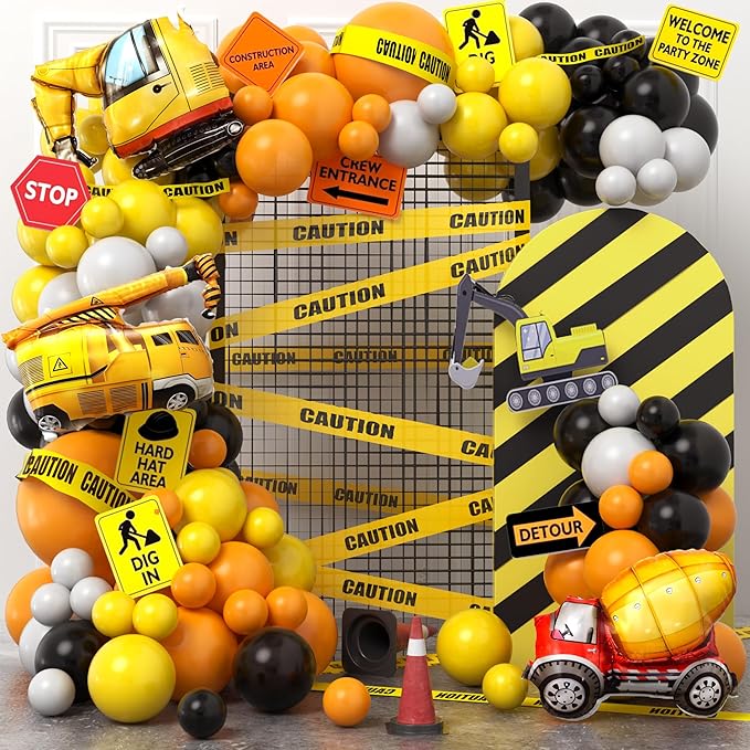 151Pcs Construction Party Decorations Birthday Supplies Construction Balloon Arch Caution Tape Caution Sticker Truck Foil Balloon Boy Kid Build Theme Birthday Party Decoration