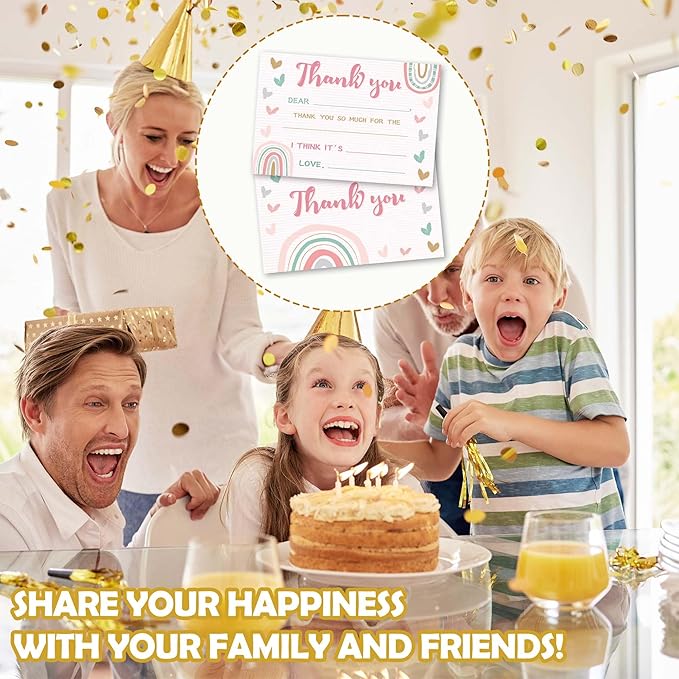 Kids Thank You Cards Fill in the Blank, Boho Rainbow Thank You Notes For Boys Girls, Pink Rainbow Greeting Card, Birthday Party Decorations Favors (20 Cards With 20 Envelopes) -31