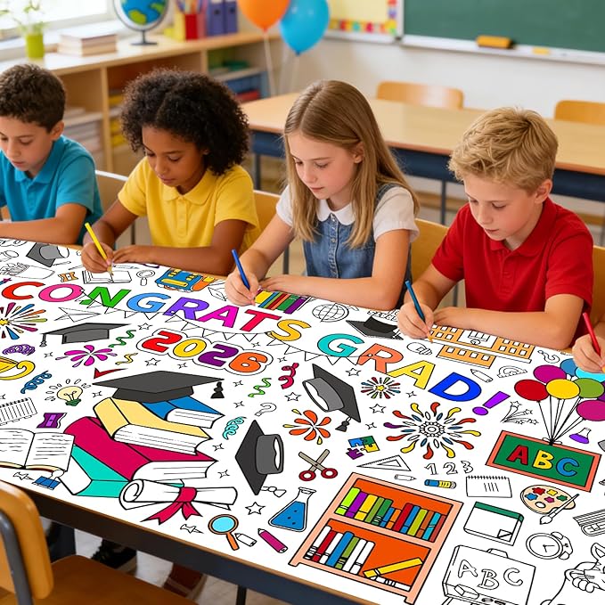 Graduatio Giant Coloring Poster,30x72 Inch Graduation Drawing Coloring Tablecloth DIY for Kids Preschool Graduation Activities Home Classroom Party Suppiles Large Congrats Card Coloring Table Cover