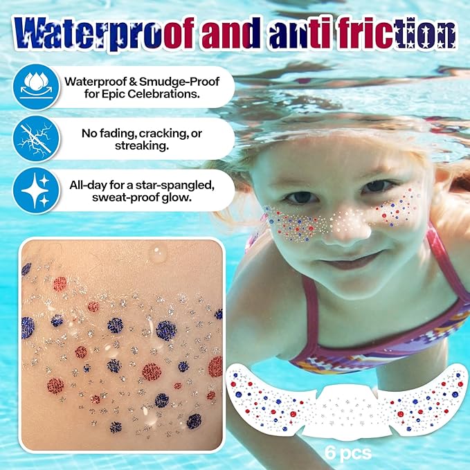 Go Ho Patriotic Red White and Blue Glitter Freckles Face Tattoo,4th of July Freckles Sparkle,4th of July Outfits for Women Kids,Fourth of July Glitter Stickers on Independence Day,6 Pcs