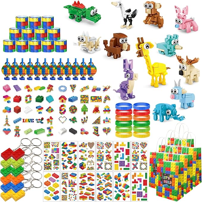 Party Favors for Kids Ages 6-12, 134 Pcs Building Blocks Toys for Boys Girls Kids with Temporary Tattoo Gift Bag, Goodie Bags & Stocking Stuffers Kid Classroom Prizes, Birthday Gifts Party Decorations