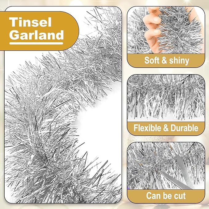 25 Feet Christmas Tinsel Garland, Metallic Twist Garland Wall Hanging Tinsel Garland Backdrop for Parade Floats, Carnival, Birthday, Wedding, New Year Party Decorations (Silver, 4in x 25ft)