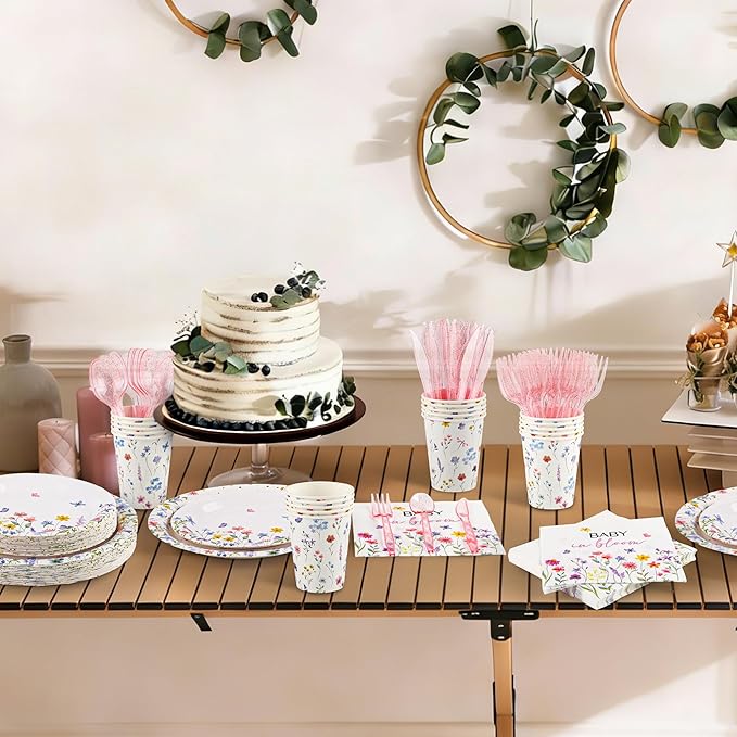 Kochorie 175 Pieces Wildflower Spring Floral Party Supplies Baby in Bloom Tableware Set 7 Inch & 9 Inch Paper Plates Napkins Cups Cutlery for Spring Picnic Baby Shower Decoration, Serve 25 Guests