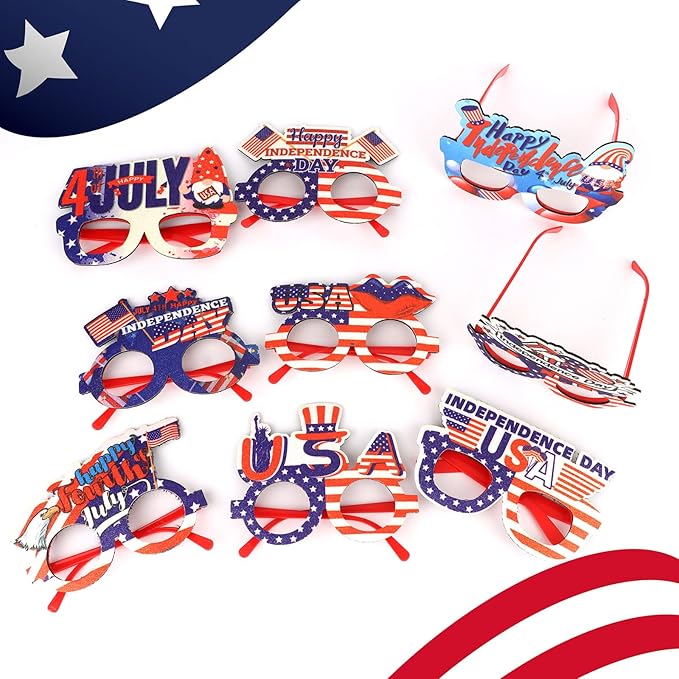CURASA 9PCS American Flag Glasses 4th Of July Paper Glasses Patriotic Party Decorations Red White Blue Eyewear Memorial Day Sunglasses Independence Day Outfits Photo Booth Props Favor Gifts For Adults