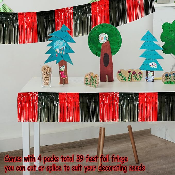4 Packs Total 39 Feet Parade Floats for Trailer Car, Black Red Foil Fringe Garland Tinsel Streamers Banner Table Skirts for Graduation Homecoming Wedding Birthday Party Decor