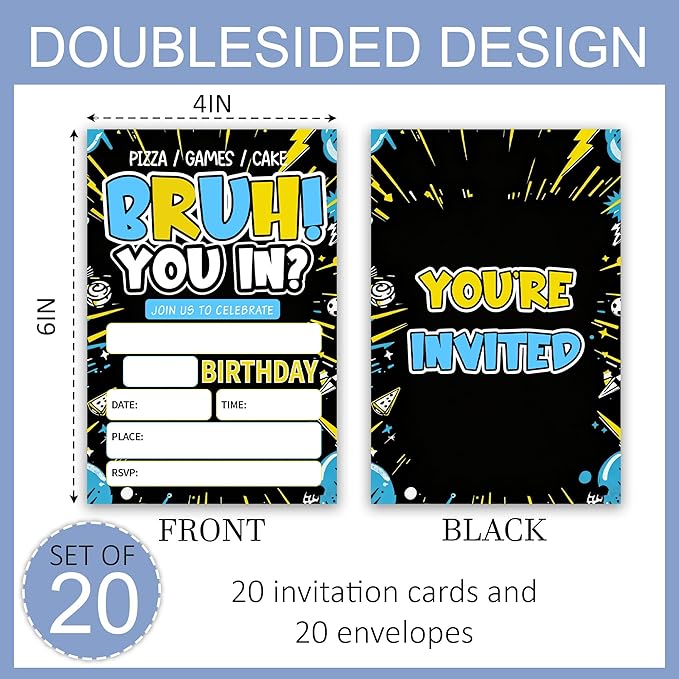 Bruh You In Birthday Invitation, You're Invited Party Invitation Cards for Teen Boys, 4 x 6 Double Sided 20 Count with Envelopes Party Supplies, Fill in Blank