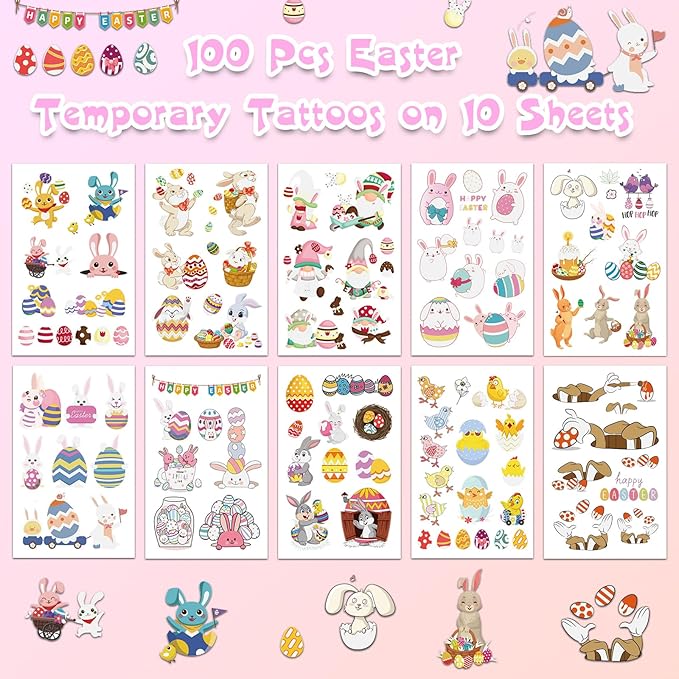 100 Pcs Easter Luminous Temporary Tattoos for Kids Easter Party Favors Supplies Easter Basket Stuffers