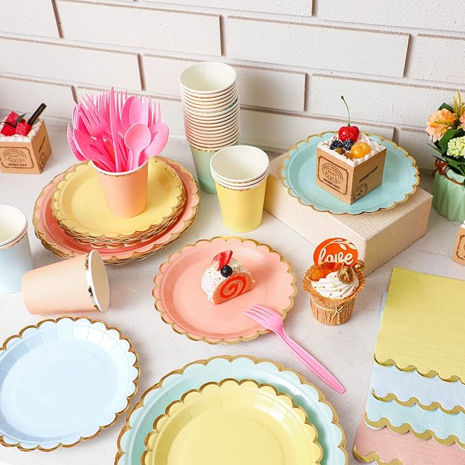Yaomiao 168 Pcs Pastel Scalloped Paper Plates Cups Napkin with Gold Foil Pastel Disposable Dinnerware Set Easter Party Supplies Serve 24 Guests Princess Birthday Party Baby Shower Decorations