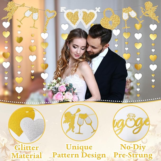 Pre-Strung Glitter Happy Engagement Banner with Heart Garland, Engagement Party Decorations for Congratulations Decorations Engaged Proposal Just Married Decorations Wedding Decor Bridal Shower