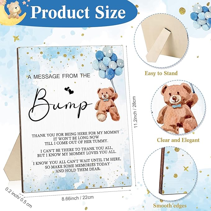 Roowest Cool Baby Shower Tabletop Decoration a Message from the Bump Wooden Baby Shower Games Sign Greenery Cute Gender Reveal Party Thank You Sign, 11.2 x 8.66 Inches(Bear)