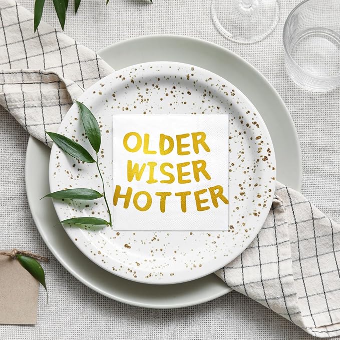 LeZakaa 25Pcs Birthday Paper Napkin, 3-Ply Gold Foil "Older Wiser Hotter" Cocktail Beverage Bar Square Disposable Napkins Guest Paper Hand Towels, Retirement Anniversary, Bachelorette Party, 5 x 5 In
