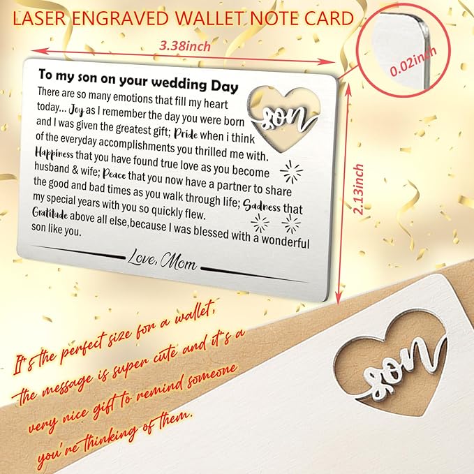 YODOCAMP Son Wedding Gifts from Mom, Engraved Wallet Card Insert for Son on His Wedding Day, Groom Gift Wallet Card from Mother