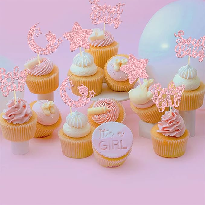 Gyufise 24Pcs Pink Glitter Baby Girl Cupcake Toppers Star Moon Sweet Baby Shower Cupcake Picks Baby Shower Girls Birthday Party Cake Decorations Supplies