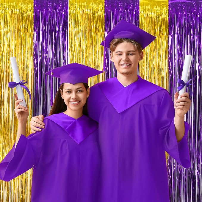 LOLStar Graduation Party Decoration, 2 Pack Purple and Gold 3.3x6.6 ft Foil Fringe Curtains, Tinsel Backdrop, Graduation Photo Booth Prop Streamer Backdrop for Class of 2026, Prom and Grad Party Decor