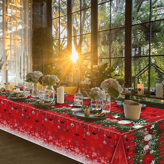 Jectivs 3Pieces Merry Christmas Tablecloth Plastic Christmas Tree Ball Table Cover Rectangle Winter Snowflake Tablecloth for Merry Christmas Holiday New Year Eve Party Decorations Supplies,54x108inch
