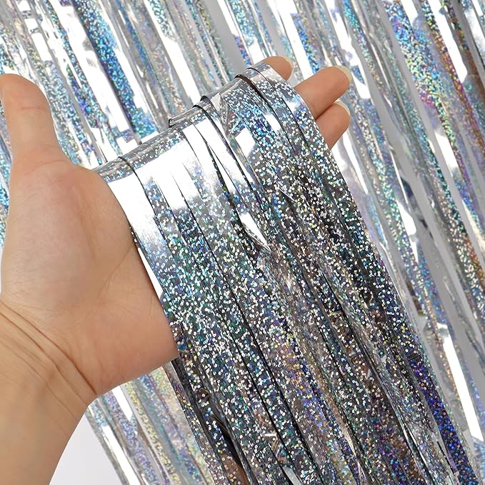 Silver Backdrops Curtains Christmas Party Decorations, Tinsel Streamers Birthday Decoration for Birthday Decorations, Photo Booth Props for Wedding, 2Pack 3.28X6.56Ft