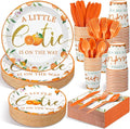 Dandat 350 Pcs Baby Shower Plates Set Baby Shower Party Supplies Serves 50 Tableware Sets Include Plates Napkin Cup Forks Knives Spoons Disposable Dinnerware(Little Cutie,Orange)