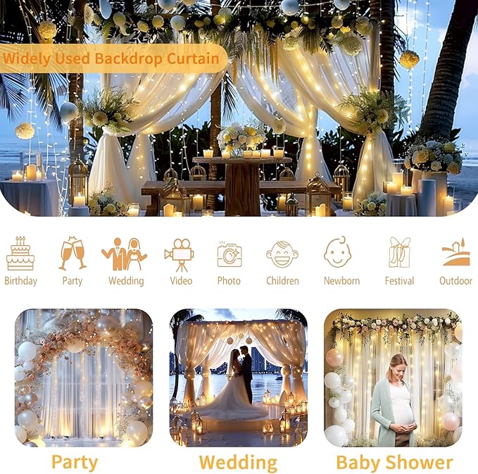 10 FT x 8 FT White Backdrop Curtain - Tulle Backdrop Curtain with 9.8FT Lights String - Sheer Backdrop Curtains with 4 Inch Rod Pockets for Birthday Weddings Baby Shower Celebration Party Decorations