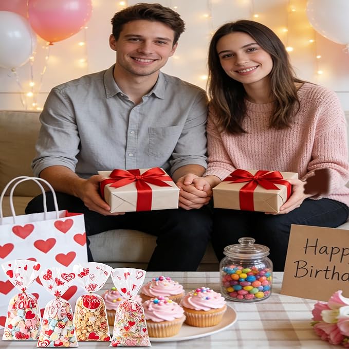Aegero Valentines Cellophane Bags 120pcs Valentines Candy Bags with 140pcs Twists for Valentine's Candy Cookie Goodie Snack Bag for Valentines Day Wedding Party Favor Supplies,Classroom Parties Valentine01-LOVE