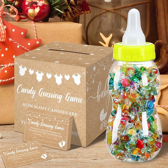 Glenmal 52 Pcs Baby Shower Games Gift Sets Large Baby Bottle for Shower Game Guess How Many Candies Decorations for Gender Reveal(Kraft)