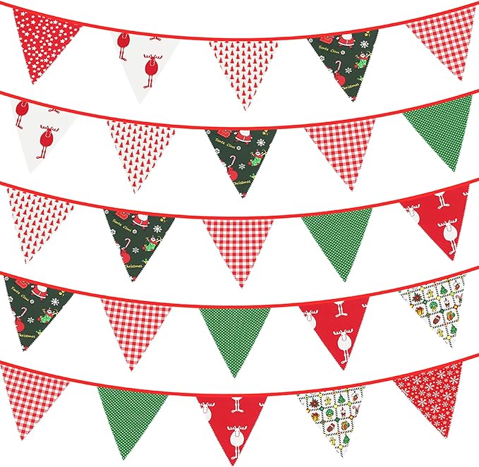 GCQQ Christmas Pennant Banner 40FT Cotton Fabric Xmas Banner 42Pcs Red Green Merry Christmas Party Banner 14 Rustic Different Floral Bunting Garlands for Home Outdoor Decoration