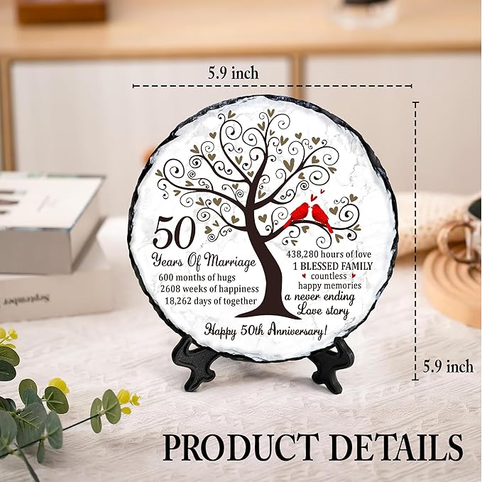 Golden Couple Slate Plate – 50th Wedding Anniversary for Parents, Gifts for Husband and Wife – Unique Decorative Keepsake Sign to Celebrate 50 Years of Love and Marriage