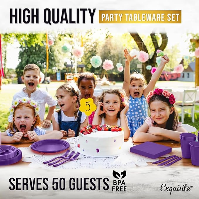 350 Pcs Purple Plastic Plates For Party, Purple Disposable Plates Set, 50 Of Each 9" Dinner Plate Set, 7" Dessert Plate, Cups, Napkins & Cutlery Plastic Dinnerware Set Exquisite
